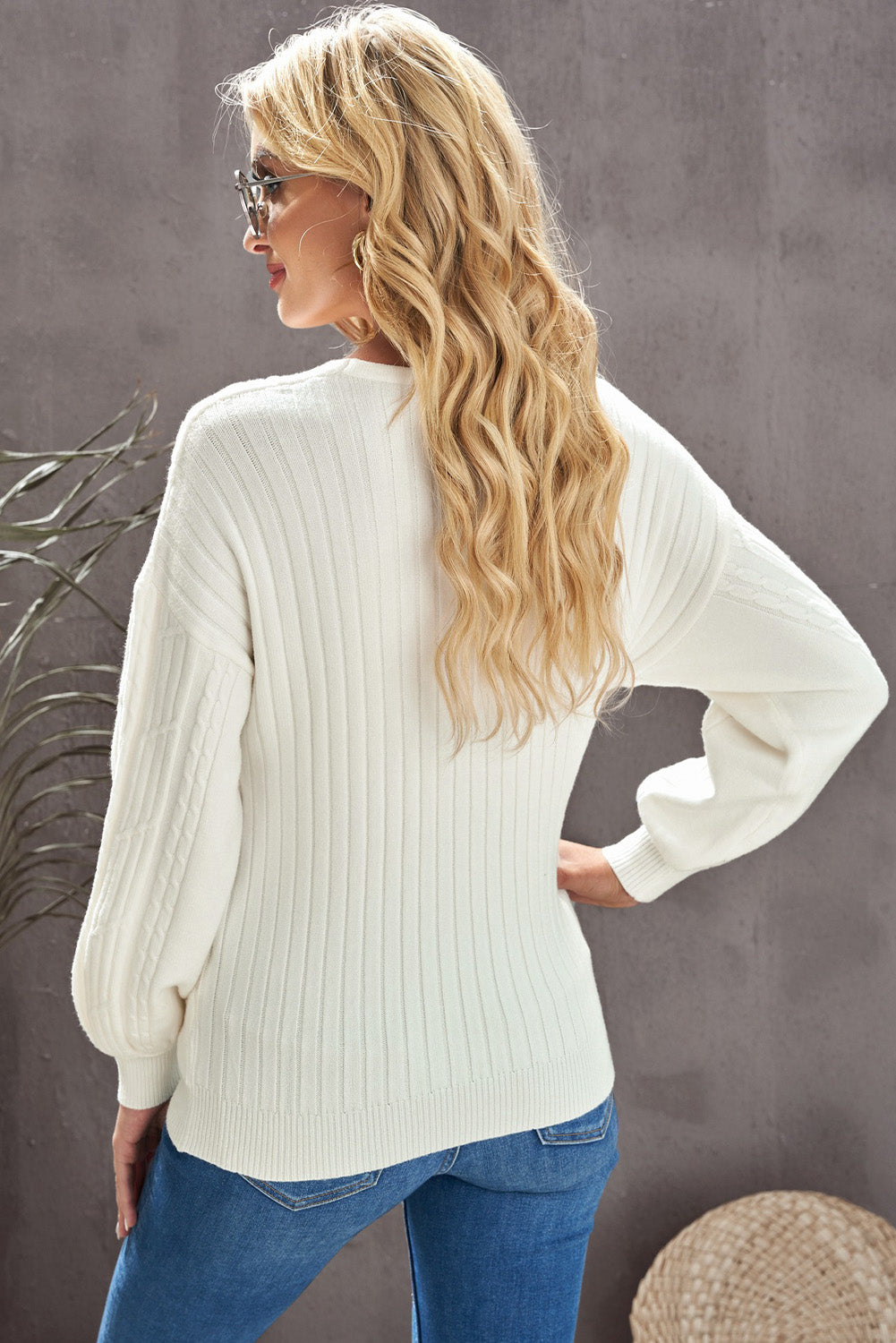 BACK TO COLLEGE   Ribbed Puff Sleeve Surplice Sweater